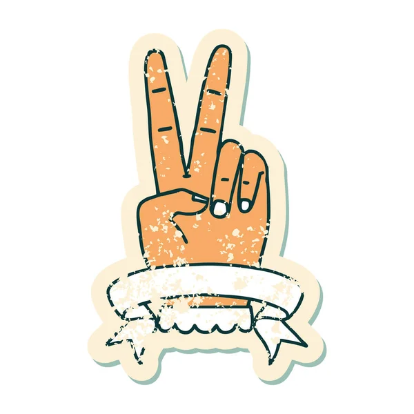 Grunge Sticker Peace Two Finger Hand Gesture Banner — Stock Vector