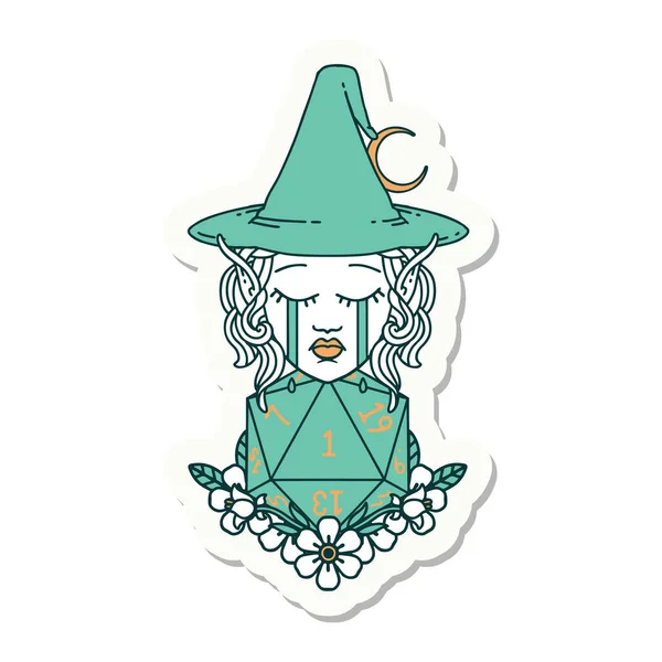 Sticker Crying Elf Witch Natural One D20 Roll — Stock Vector