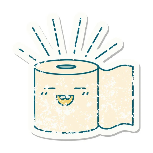 Worn Old Sticker Tattoo Style Toilet Paper Character — Stock Vector