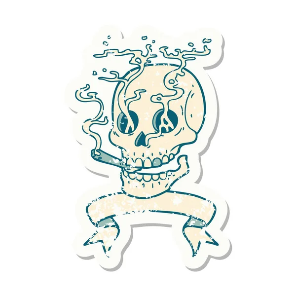 Worn Old Sticker Banner Skull — Stock Vector