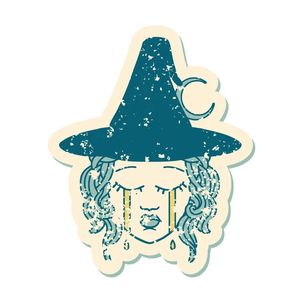 Grunge Sticker Crying Human Witch Character — Stock Vector