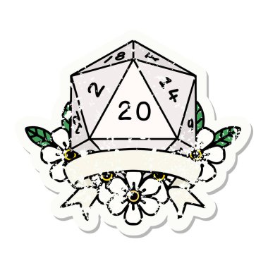 20 kritik vuruşluk D20 zarının grunge sticker 'ı