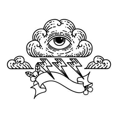 Geleneksel siyah çizgi dövmesi, her şeyi gören bir göz bulutu pankartıyla.