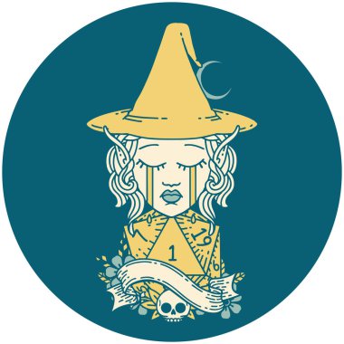 Retro Dövme Biçimi ağlayan elf karakteri yüzü ve doğal bir D20 rulo