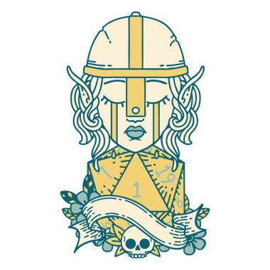 Retro Dövme Tarzı Ağlayan Elf Savaşçısı karakteri yüzü ve doğal bir D20 ruloyla