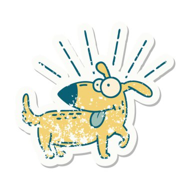 Dövme stili eski bir çıkartma. Mutlu köpek.