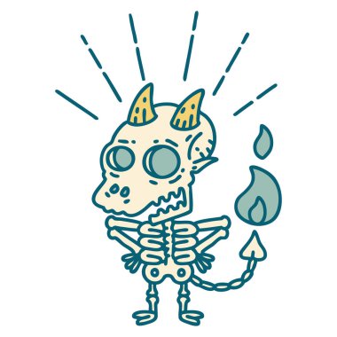 Geleneksel dövme stili iskelet iblis karakterinin çizimi