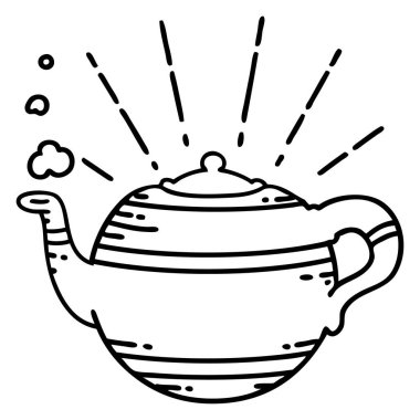 Geleneksel siyah çizgili dövme stili buharlı çaydanlığın çizimi