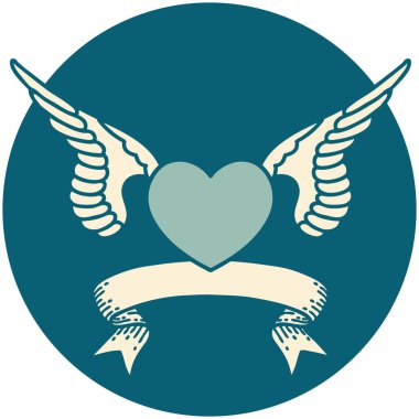 Kanatlı bir kalbin bayrağıyla dövme stili simgesi