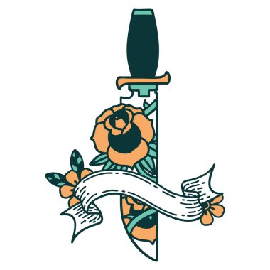 Hançer ve çiçekli geleneksel dövme.