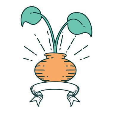 Dövme stili vazoda ev bitkisi olan kaydırma pankartı