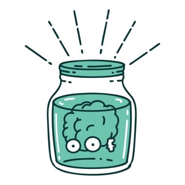 Kavanozda geleneksel dövme stili bir beynin çizimi