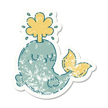 Dövme stili eski bir çıkartma. Mutlu balina karakteri fışkırtıyor.