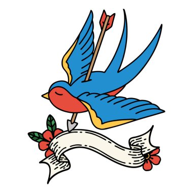 Geleneksel dövmeli bir kırlangıç sancağıyla ok ile fırlatılmış