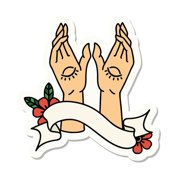 Autocollant Style Tatouage Avec Bannière Mains Mystiques — Image vectorielle