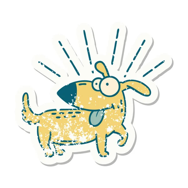 Worn Old Sticker Tattoo Style Happy Dog — Stock Vector