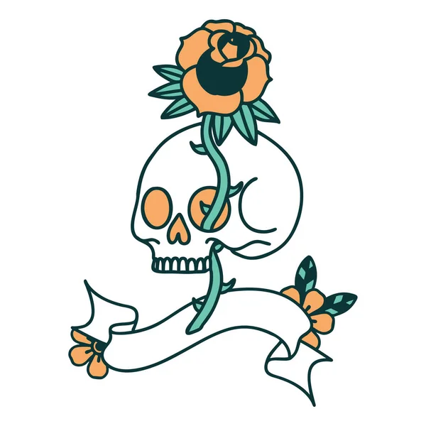 头盖骨和玫瑰横幅的传统纹身 — 图库矢量图片