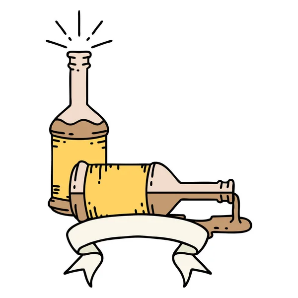 Κύλιση Banner Μπουκάλια Μπύρας Στυλ Τατουάζ — Διανυσματικό Αρχείο