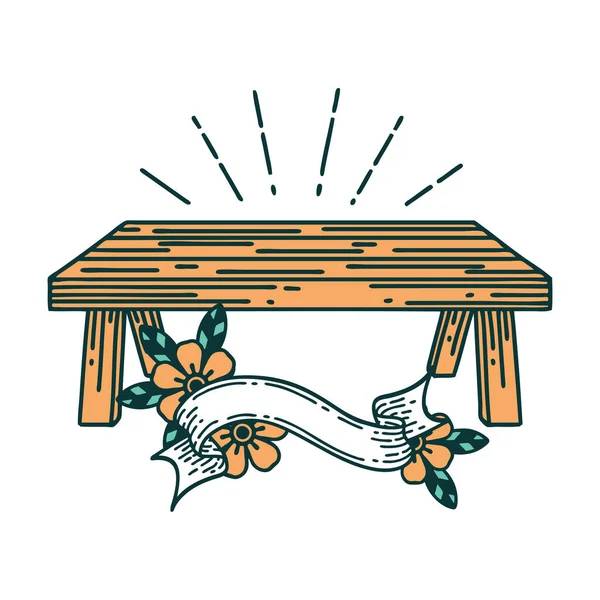 Scroll Banner Tattoo Style Wood Table — Stock Vector