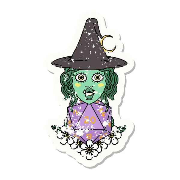 Grunge Sticker Half Orc Witch Natural Twenty Dice Roll — Stock Vector