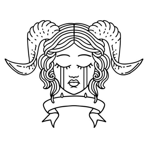 Black White Tattoo Linework Style Crying Tiefling Character Face Scroll — Stock Vector