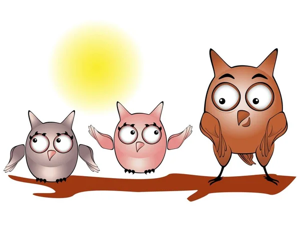 Rolig tecknad owl-barn med stora ögon som sitter på en gren — Stockfoto