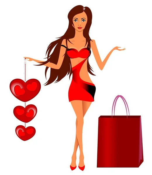 Красивая Девушка Длинными Каштановыми Волосами Красном Платье Сердечками Валентинки — стоковое фото
