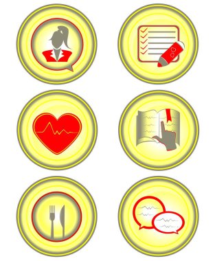 Spor hakkında bir dizi ikon ve beyaz arka planda sarı ve kırmızı renkte uygun beslenme