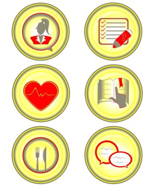 Spor hakkında bir dizi ikon ve beyaz arka planda sarı ve kırmızı renkte uygun beslenme