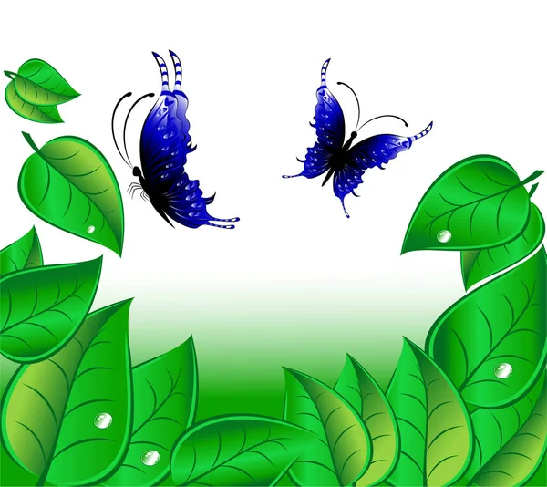 Bright Beautiful Green Leaves Blue Butterflies White Background Illustration Background — Stock Photo, Image