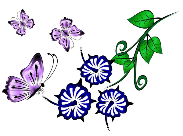 Bright Beautiful Butterflies Blue Flower White Background Illustration — Stock Photo, Image