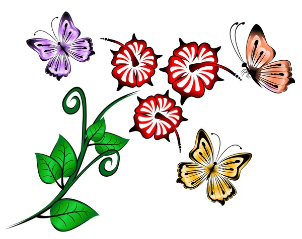 Яскраві Красиві Метелики Червоною Квіткою Білому Тлі Ілюстрація — стокове фото