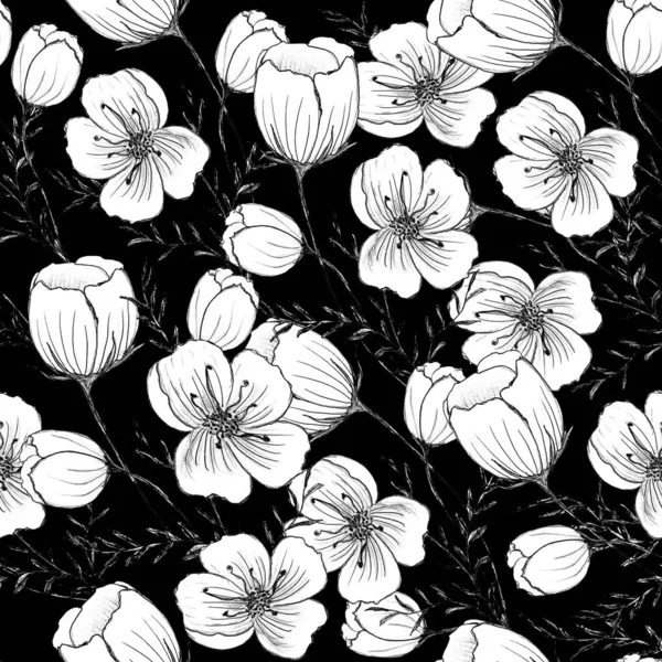 Fantezi çiçekli siyah beyaz desen