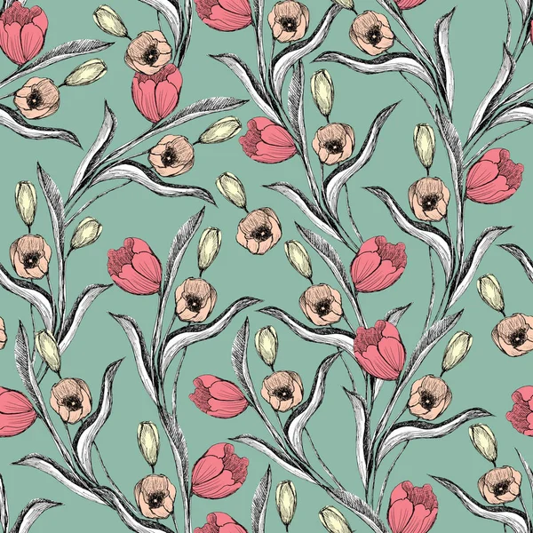 Vintage pattern with tulips, hand drawing.