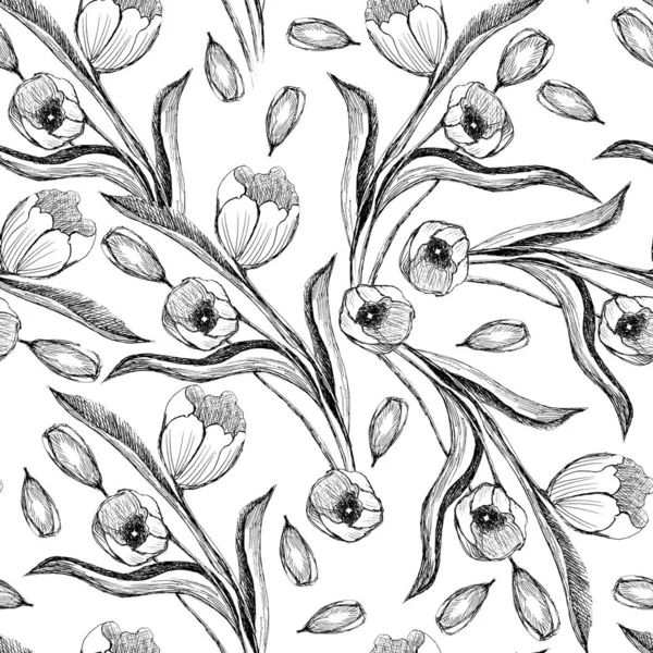 Hand Drawing Tulips Seamless Pattern — Stock Photo, Image