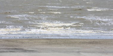 Boş kumsal manzarası ve dalga suyu körfezi. Tropik tatil arka plan duvar kağıdı dekoru. Metin için boşluk kopyala.