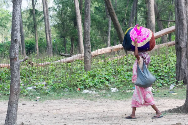 Una mujer tribal lleva pertenencias en la cabeza, va a comprobar su nombre en la lista final de la oficina del Registro Nacional de Ciudadanos. NRC CAA CAB despojó a muchas personas de la ciudadanía india. Assam India Sept 2019 — Foto de Stock