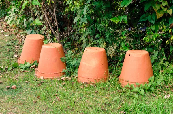 Terracotta Flower pots in Garden Front or back yard. Mud Clay Ceramic Pottery Planter Flower Pots with Drainage Hole. Ornamental Garden Equipment. Close up.