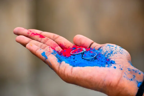 Close Ring Jewelry Human Hand Vibrant Holi Multi Colors Powder — Stock Photo, Image