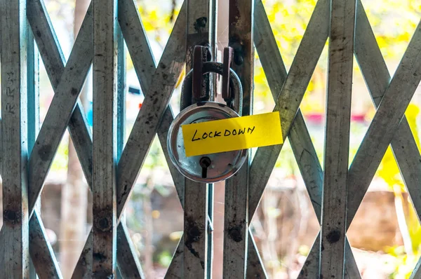Lockdown Sticker Door Lock Gate Stay Home Saying Self Quarantine — Stock Photo, Image