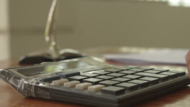 Primer Plano Mano Recortada Una Cuenta Corriente Mujer Con Calculadora — Vídeo de stock