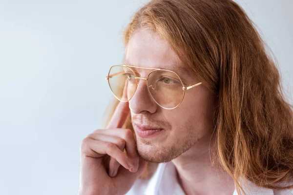 Portrait Pensive Stylish Businessman Curly Hair Glasses Isolated White — Stock Photo, Image
