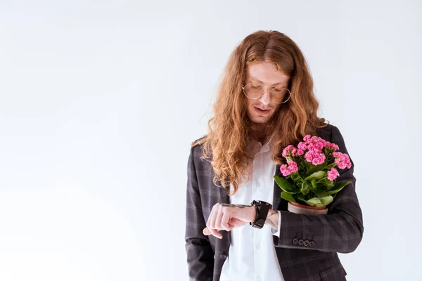 Stylish Tattooed Businessman Curly Hair Holding Potted Flowers Checking Time — Free Stock Photo