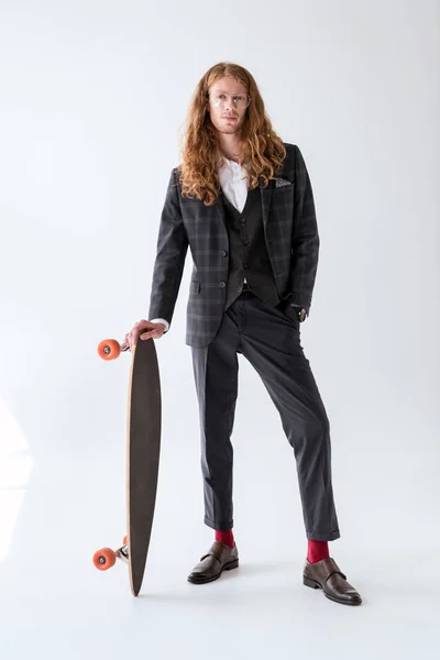 Stylish Businessman Curly Hair Posing Longboard — Stock Photo, Image