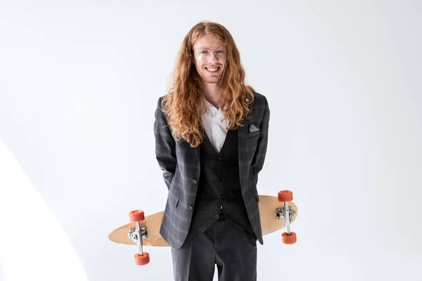 Smiling Stylish Businessman Curly Hair Holding Longboard Back — Stock Photo, Image