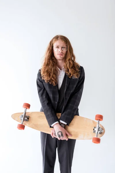 Stylish Businessman Curly Hair Holding Longboard Isolated White — Stock Photo, Image