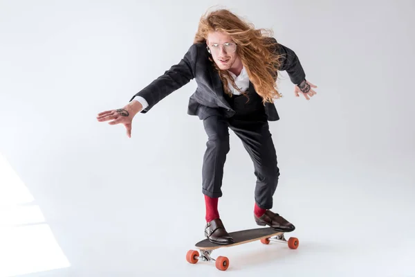 Stylish Businessman Curly Hair Skating Longboard — Stock Photo, Image