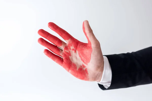 Abgeschnittenes Bild eines Geschäftsmannes, der Hand in Hand rote Farbe isoliert auf weiß zeigt — Stockfoto