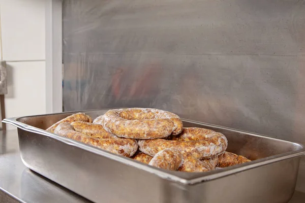 Raw Sausage Roll Prepared Sausages Production Table — Stock Photo, Image