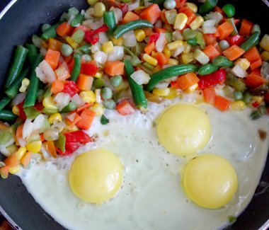 Sağlıklı kahvaltı. Kızarmış yumurta ve tavada çok renkli sebzeler.